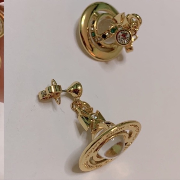 18k gold Plated crystal signature Saturn Orb drop earrings - Picture 6 of 8